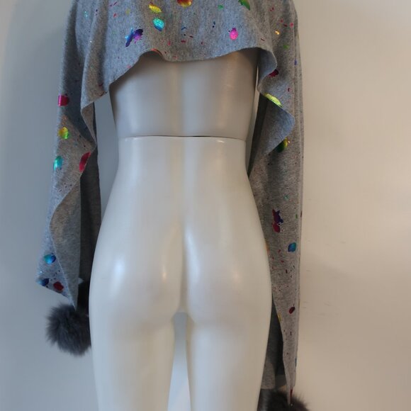 NWT Womens Tina Demel Gray Paint Splash Scarf W/Gray Fox Fur Ball - Picture 4 of 7